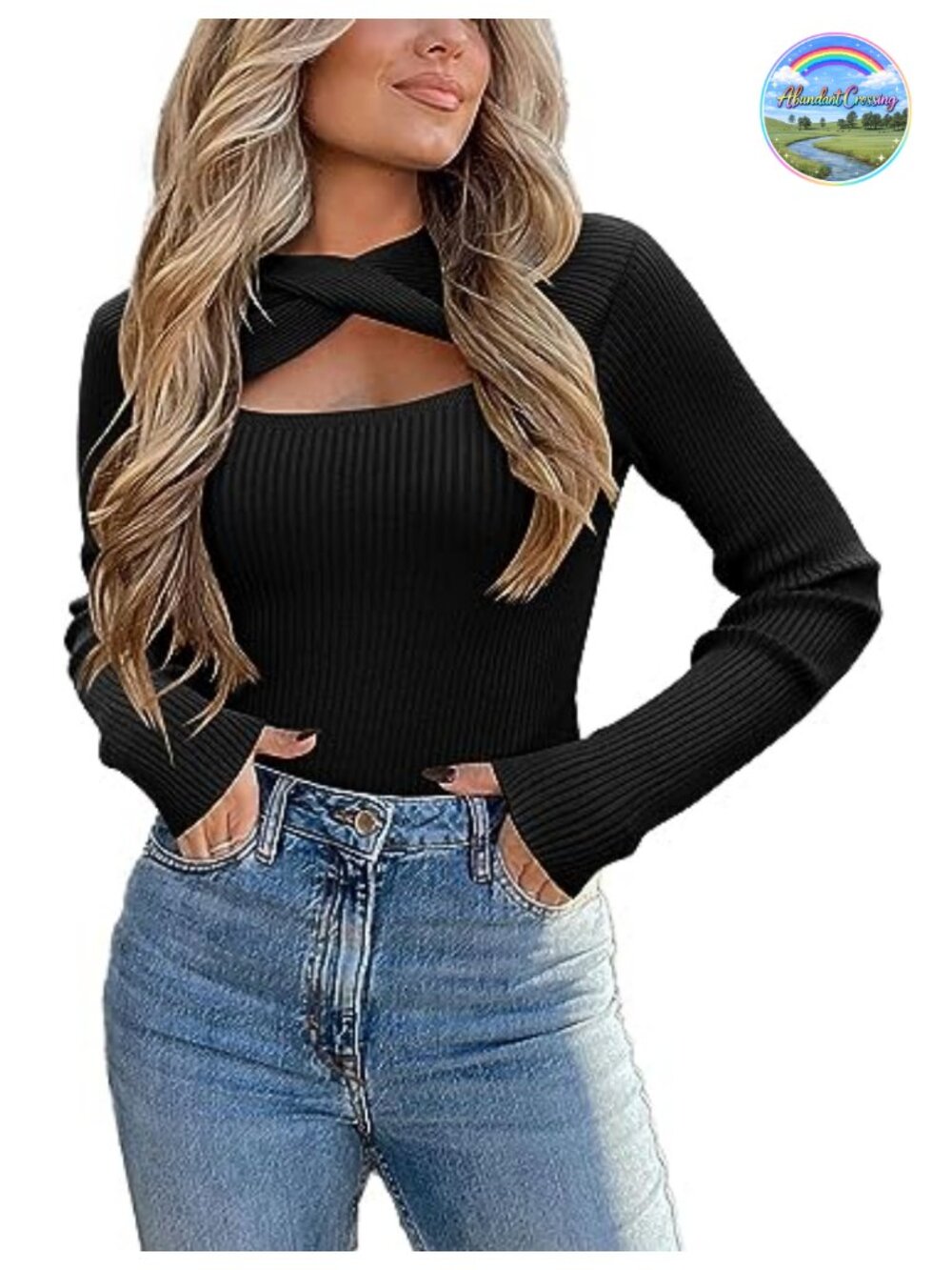 Women's Knit Cutout Sweater Long Sleeve Slim Fit RIB Pullover